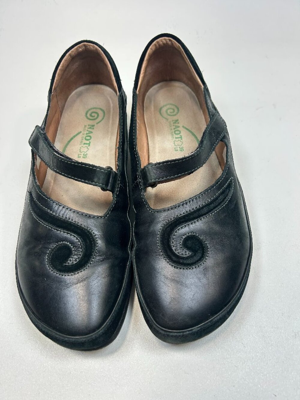 NAOT Matai Black Leather Swirl Toe Mary Jane Flats Comfortable Shoes 39